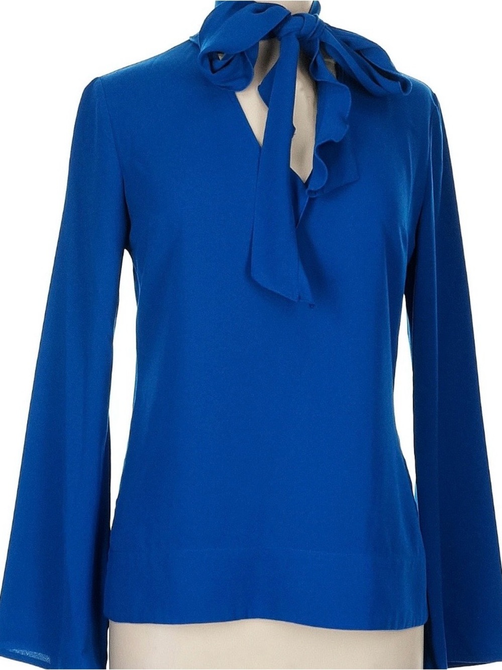Derek Lam Collective Peacock Blue Ruffle Tie Neck V-Neck Blouse Size 6